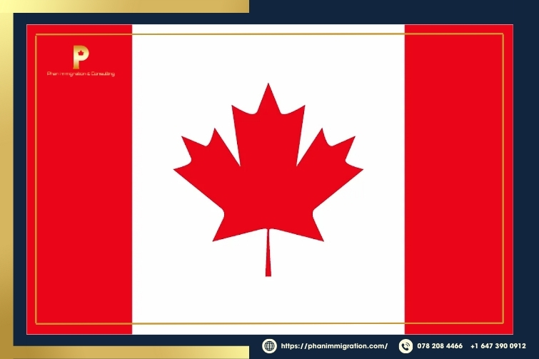 Cờ Canada với biểu tượng lá phong đỏ giữa nền trắng, hai bên là hai dải đỏ