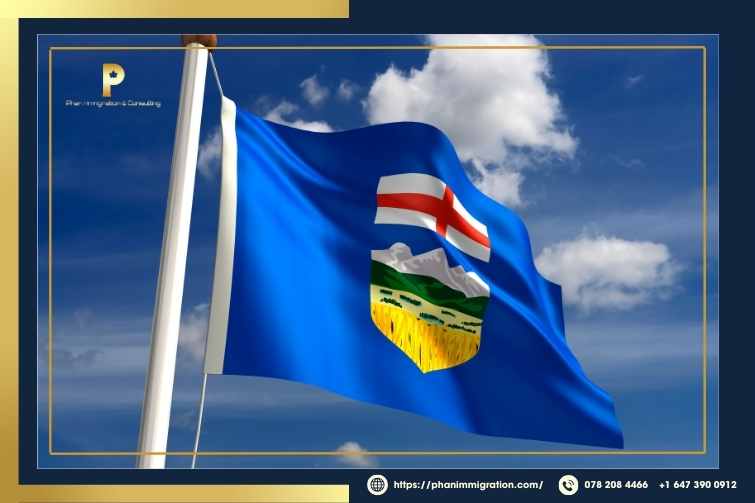 Lá cờ Alberta nổi bật với tấm khiên trung tâm, thể hiện dãy Rocky, đồng cỏ xanh và cánh đồng lúa mì
