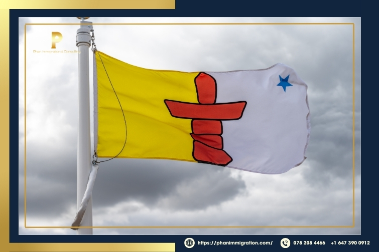 Cờ Nunavut nổi bật với Inuksuk truyền thống và ngôi sao Niqirtsituk