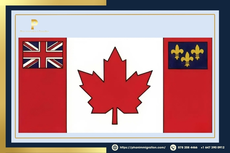 Phương án thiết kế với lá phong ở trung tâm, kết hợp Union Jack và cờ Hoàng gia Pháp (nền xanh lam, ba hoa huệ vàng)